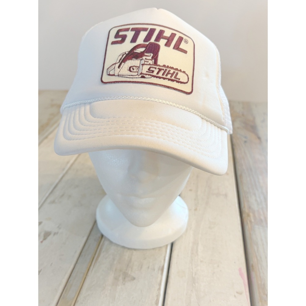 STIHL Chainsaw Logo Trucker Hat White Snapback Mesh Meshback Cap Vintage Style